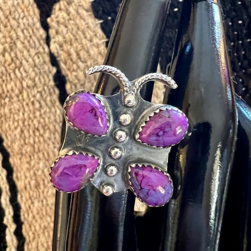 ❤️ Purple Dahlia Kingman Turquoise Butterfly Adjustable Sterling Ring 9.4 Gm - Picture 5 of 15
